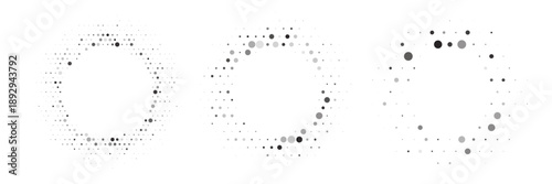 Halftone circle patterns with random dot distribution. Circular frames made of gradient dots with varying sizes and opacity on white background. Minimalist vector illustration