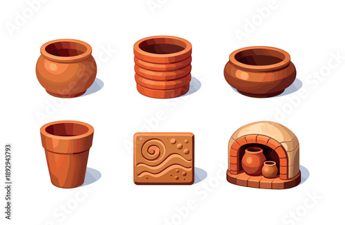 Colorful Clay Icons Grid. Clay Pottery. Isometric flat vector icons set of Clay Pottery: unglazed clay pot, ribbed terracotta container, low round pot, tall