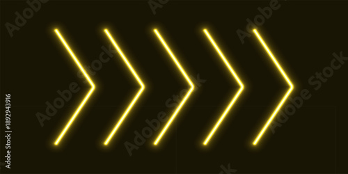 Neon yellow arrow signs pointing right on dark background. Glowing chevrons in futuristic style symbolizing direction, speed, or navigation. Bright light vector illustration