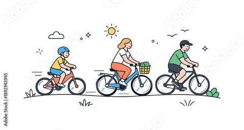Joyful Cycling Scene. Bike riding. People cycling along a simple path, enjoying fresh air and movement. Relaxed outdoor activity and everyday motion.