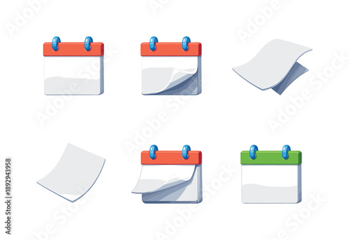 Isometric Calendar Icons. Transition. Isometric flat vector icons set of transition: static calendar page, lifting page corner, mid-air page flip, falling page