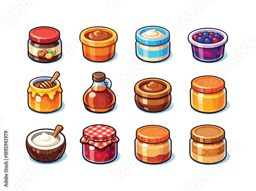 Sweet Spreads Icons. sweet spreads. Colorful isometric vector icons set of sweet spreads: chocolate hazelnut jar, caramel spread tub, vanilla cream jar, berry