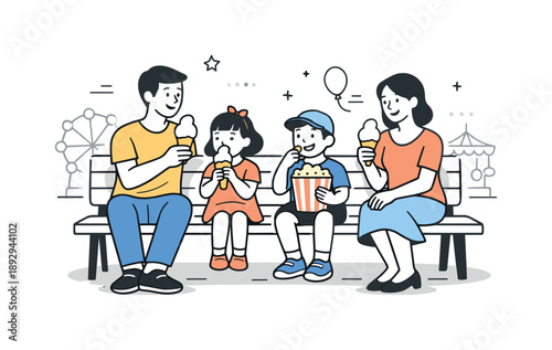 Family Park Treats. Family in amusement park snacks. Family taking a break with ice cream or popcorn on a bench, relaxed posture and cheerful mood. Simple