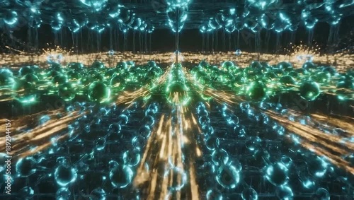 Luminous Digital Landscape: A breathtaking perspective through a vibrant digital realm, filled with radiant orbs and streams of light. A journey into the future of technology and innovation.