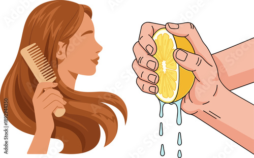 Person combing hair, hands squeezing lemon, cartoon-style beauty routine, natural remedy concept, hair care and citrus juice, DIY treatment illustration