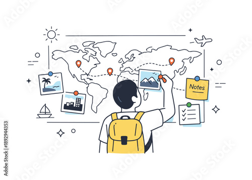 Travel Memory Board. Travel memories illustration. A person pinning photos and notes onto a wall map, marking visited places. Sense of journey, achievement,