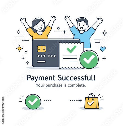 Payment Success Illustration. Credit card payment confirmation. Successful payment indicated by checkmarks and receipt icons, smooth completion of purchase.