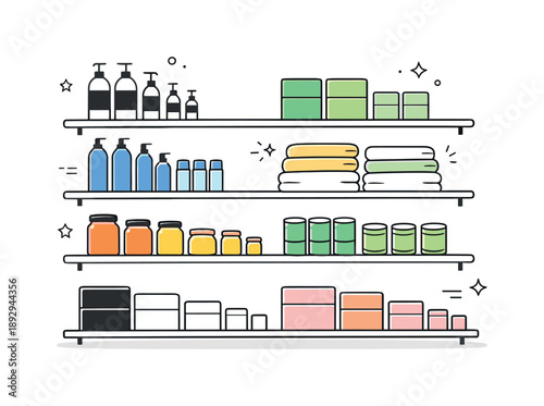 Modern Retail Organization. Organized retail shelving. Products are aligned by size and color on a store shelf, suggesting clarity and thoughtful
