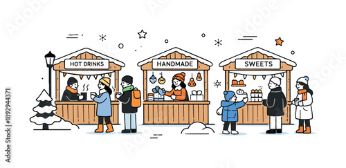 Winter Festival Market. Winter outdoor festival market. Visitors browsing wooden booths with simple signs and decorations, relaxed pace and friendly gestures.