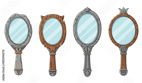 Cartoon Magic Hand Mirror Set with Stone Wood and Metal Frames Vector Illustration