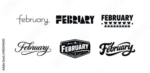 February Lettering Variations. February. Set lettering. harmonious lettering variations of the same emblematic concept, each with different artistic