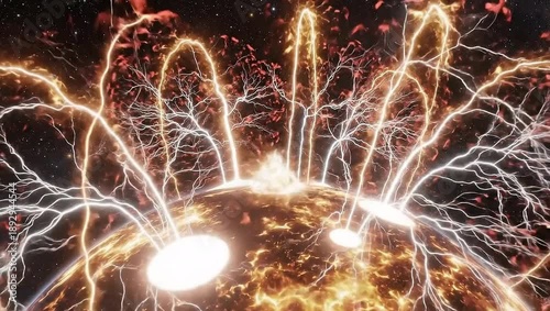 Celestial Symphony: A visual representation of cosmic energy erupting from a celestial body, showcasing the raw power and beauty of the universe. 
