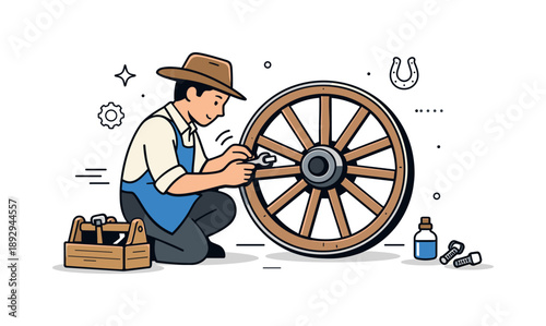Wagon Wheel Repair. Wagon wheel maintenance. A person gently inspecting or repairing a wagon wheel, focused and careful work. The scene conveys craftsmanship,
