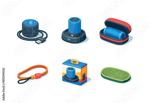 Audio Accessories Grid. Audio accessories. Isometric flat vector icons set of audio accessories: bluetooth speaker charging cable, speaker charging dock,