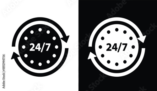 Two 247 service icons with circular arrows and black backgrounds, representing around the clock availability and support