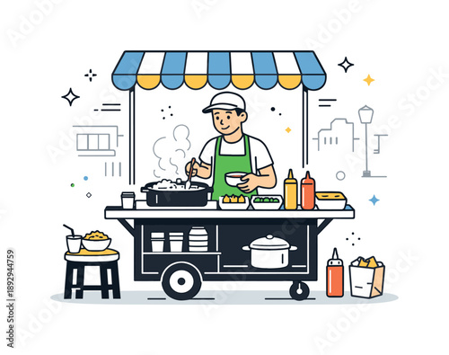 Urban Street Food. Street food scene vendor. Street food seller standing at a small cart preparing fresh snacks, light steam and simple utensils visible.