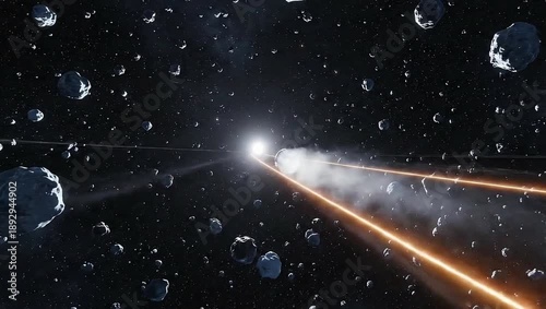 Galactic Journey: A breathtaking cosmic ballet unfolds as a vessel carves a path through an asteroid field, its trajectory illuminated by radiant beams of light.