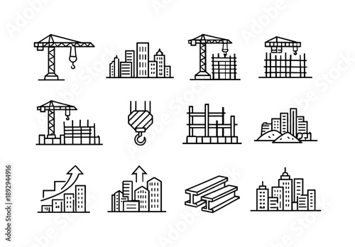 City Growth Icons. A construction crane over a developing city district, representing growth and change. Line icon set of A construction crane over a