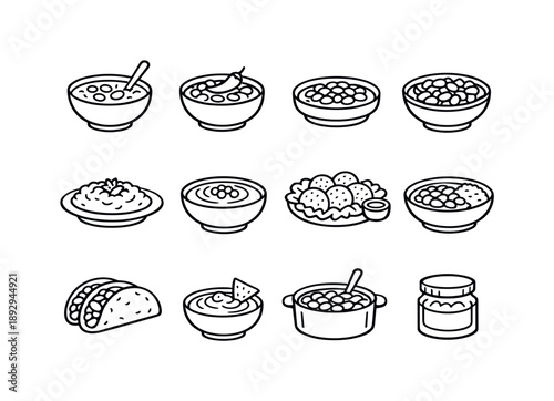 Bean Dishes Icons. Bean Dishes. Line icon set of Bean Dishes: bean soup, bean chili, baked beans, bean salad, refried beans, hummus bowl, falafel mix, bean