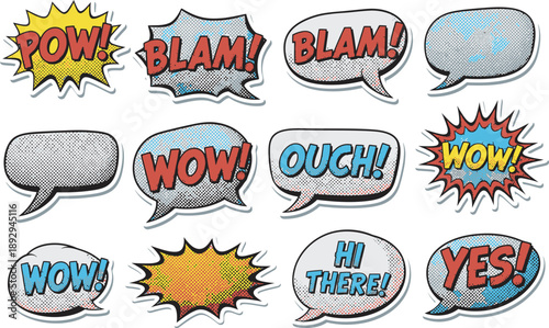 Comic speech bubbles with pow blam wow and more