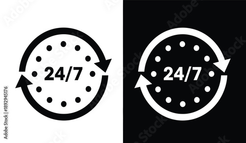 Black and white 247 icons with circular arrows on gray background, representing around the clock service or support