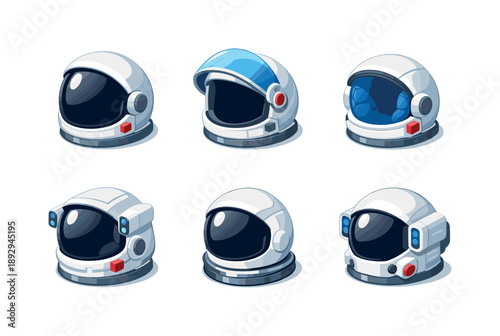 Astronaut Gear Icons. Astronaut Gear. Isometric flat vector icons set of Astronaut Gear: full astronaut helmet, detachable visor helmet, padded interior