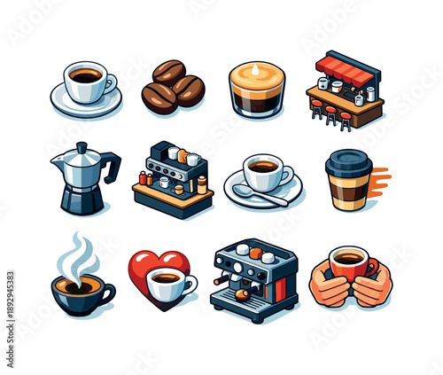 Italian Espresso Icons. Italian Espresso. Colorful isometric vector icons set of Italian Espresso: classic espresso cup, dark roast beans, thick crema crown,