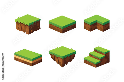 Isometric Terrain Icons. Natural terrain. Isometric flat vector icons set of Natural terrain: grassy cliff edge, elevated grass platform, terrain corner block,