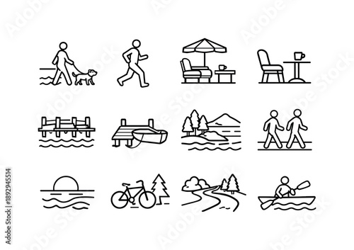 Waterfront Leisure Icons. Waterfront Leisure Icons. Line icon set of Waterfront Leisure Icons: walking dog along waterfront, person jogging silhouette, casual