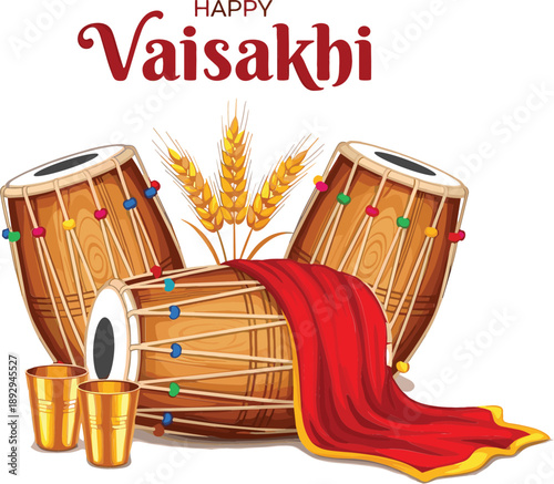 Happy Vaisakhi festival vector illustration with traditional dhol drums wheat stalks and golden glasses for punjabi celebration.