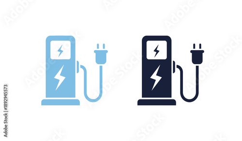 Electric vehicle charging stations with power cords in blue and black