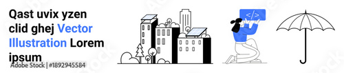 Technology, urban living, coding, renewable energy, smart infrastructure, digital tools. City skyline with solar panels, person using a tablet umbrella icon. Technology and urban living concept