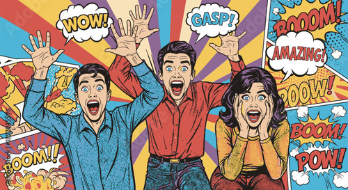 Comic book style illustration of three friends reacting in surprise and amazement