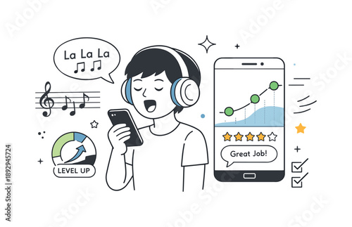 Online Singing Practice. Learning to sing online. A beginner practicing vocal warm-ups using headphones and a smartphone app. Friendly encouraging scene with