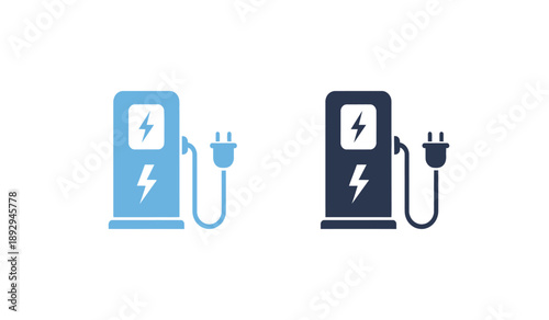 Electric vehicle charging station icons with lightning bolt symbol on screen and power cord plugged in