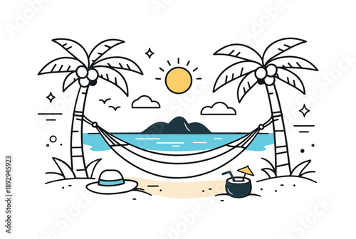 Tropical Beach Serenity. Tropical beach scene. Palm trees, hammock, and calm sea arranged in a simple balanced composition. Warm sunny atmosphere and
