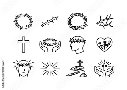 Thorn Crown Icons. Crown of thorns. Line icon set of Crown of thorns: thorn crown circle, single thorn branch, woven circle, sharp thorns, cross silhouette,