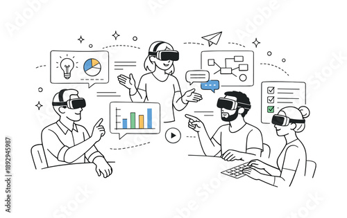 Virtual Reality Collaboration. Virtual reality team meeting. Team members discussing ideas while immersed in virtual interfaces and floating panels. Focused