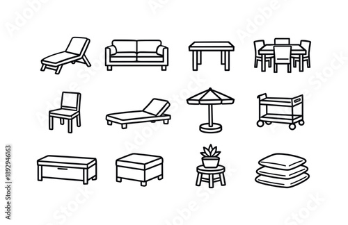 Deck Furniture Icons. Deck Furniture. Line icon set of Deck Furniture: deck chair, outdoor sofa, side table, dining table, dining chair, lounge bed, umbrella