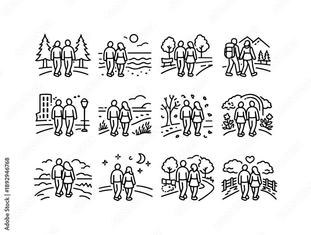 Obraz premium Couples in Nature Icons. Couples in Nature. Line icon set of Couples in Nature: forest walk couple, beach stroll, park path, couple hiking, city street walk,