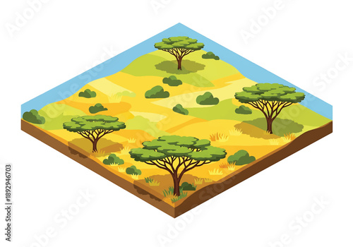 Isometric 3D view illustration of a savanna landscape with grassland, scattered trees, dirt roads, and distant hills, stylized vector scenery for world nature concepts