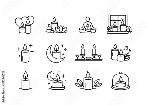 Candle Icon Set. Candle Atmosphere. Line icon set of Candle Atmosphere: romantic candle, spa candle, meditation candle, cozy light, calm mood, evening candle,
