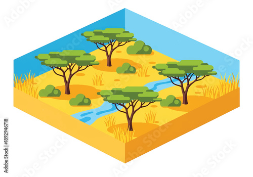 Isometric 3D view illustration of a savanna landscape with grassland, scattered trees, dirt roads, and distant hills, stylized vector scenery for world nature concepts