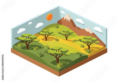 Isometric 3D view illustration of a savanna landscape with grassland, scattered trees, dirt roads, and distant hills, stylized vector scenery for world nature concepts