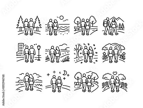 Couples in Nature Icons. Couples in Nature. Line icon set of Couples in Nature: forest walk couple, beach stroll, park path, couple hiking, city street walk,