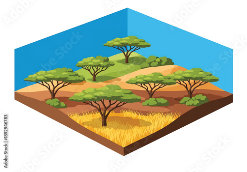 Isometric 3D view illustration of a savanna landscape with grassland, scattered trees, dirt roads, and distant hills, stylized vector scenery for world nature concepts