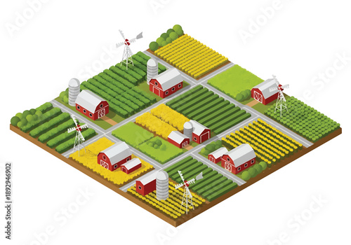 Isometric 3D view illustration of farmland scenery with crop fields, barns, windmills, and rural roads, modern vector landscape for agriculture and countryside design