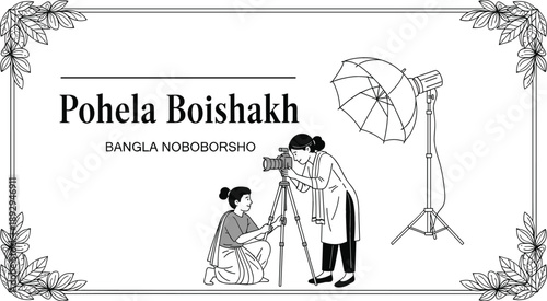 Pohela Boishakh Bangla Noboborsho Vector Illustration with Women in Traditional Saree and Photography Studio Setup for New Year