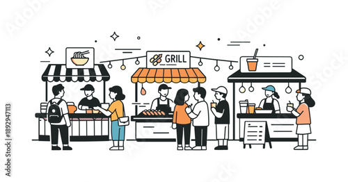 Night Market Delight. Street food scene night market. Small food stalls with hanging lights and signs, people browsing and ordering casually. Cozy evening mood