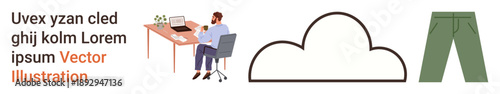 Office environment, remote work, digital technology, casual wear, cloud computing, business tools. A worker at a desk, a cloud symbol and green pants. Remote work and cloud computing ion
